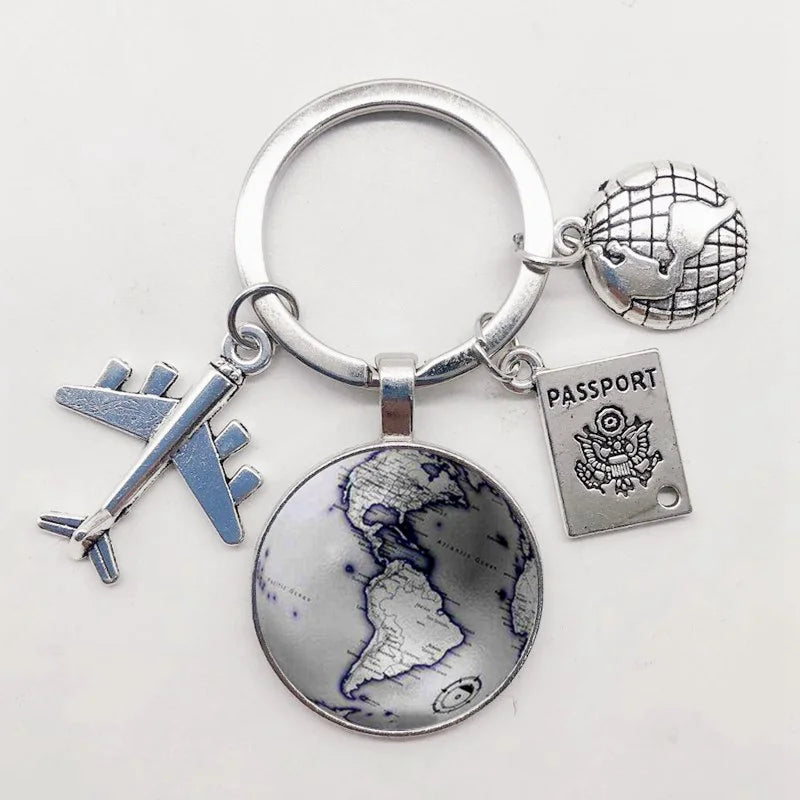 World Map Keychain Travel Exploring Glass Dome Cabachon Aircraft Charm Pendant Keychain Men's and Women's Gift Jewelry Keychain.