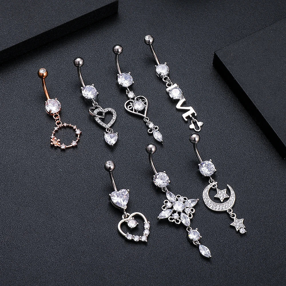 Mixed-Style Heart Grid Dangling Navel Belly Button Ring for Women Girls 14G Butterfly Crystal Belly Piercing Beach Belly Ring