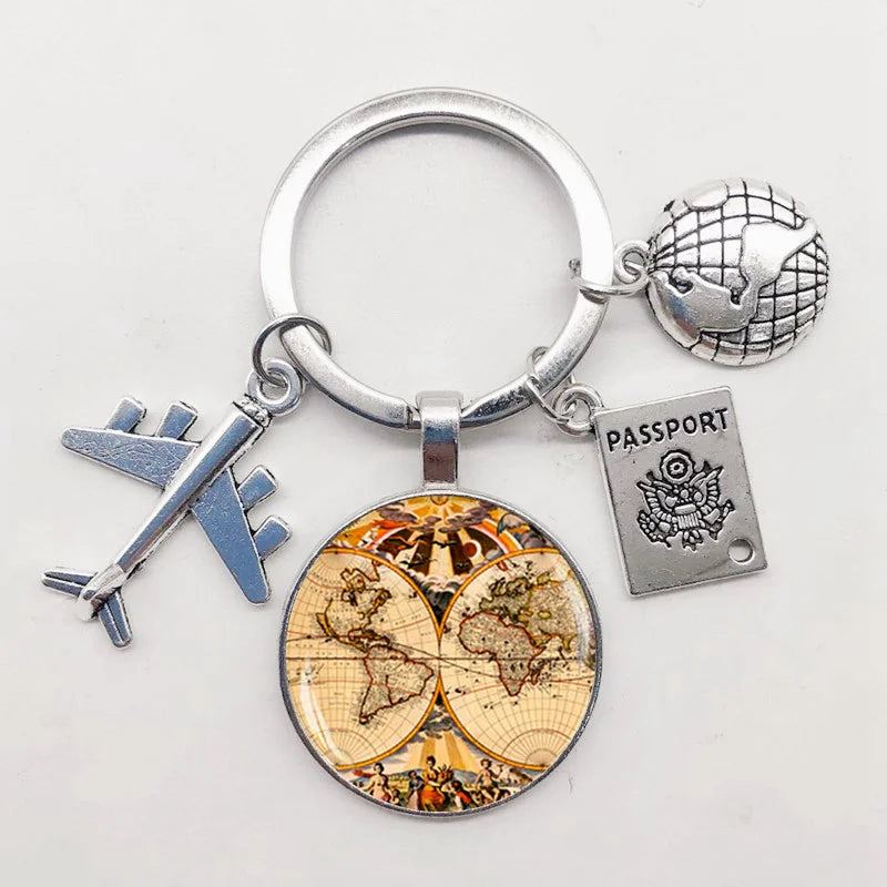 World Map Keychain Travel Exploring Glass Dome Cabachon Aircraft Charm Pendant Keychain Men's and Women's Gift Jewelry Keychain.