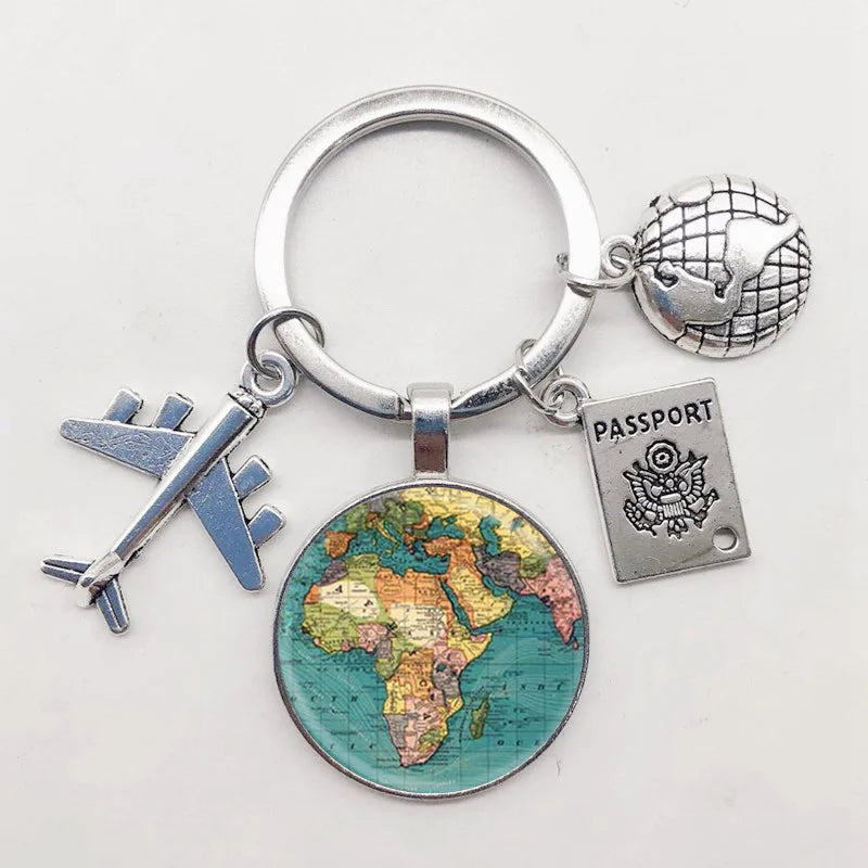 World Map Keychain Travel Exploring Glass Dome Cabachon Aircraft Charm Pendant Keychain Men's and Women's Gift Jewelry Keychain.