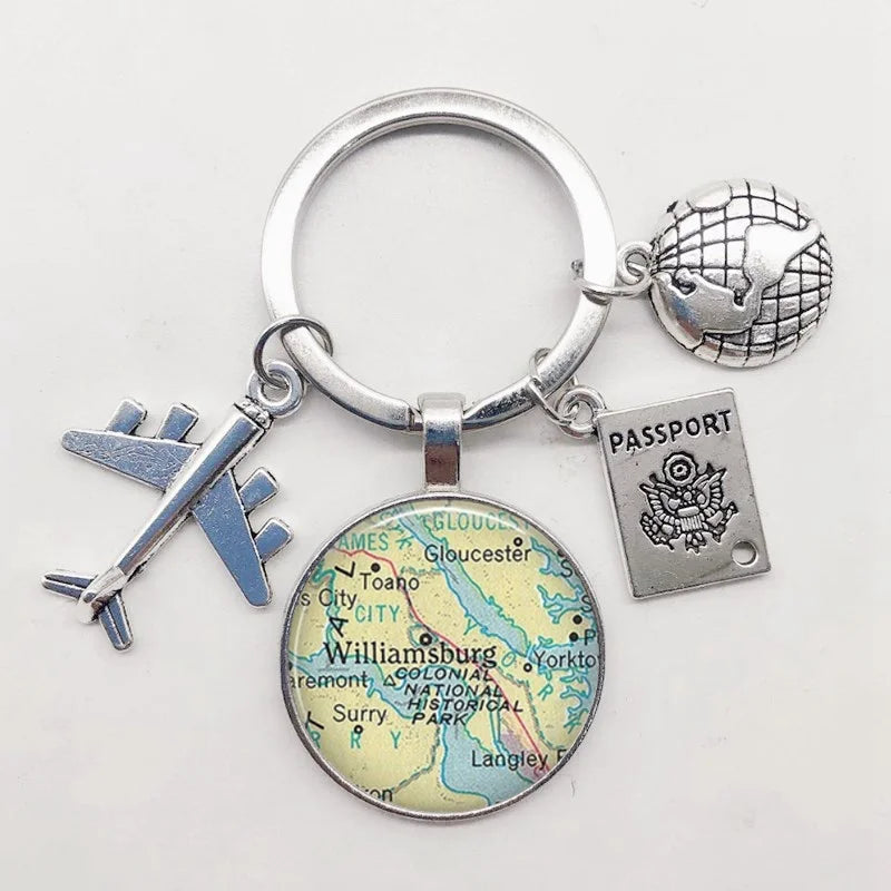 World Map Keychain Travel Exploring Glass Dome Cabachon Aircraft Charm Pendant Keychain Men's and Women's Gift Jewelry Keychain.