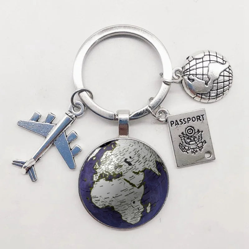 World Map Keychain Travel Exploring Glass Dome Cabachon Aircraft Charm Pendant Keychain Men's and Women's Gift Jewelry Keychain.