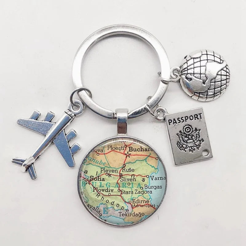 World Map Keychain Travel Exploring Glass Dome Cabachon Aircraft Charm Pendant Keychain Men's and Women's Gift Jewelry Keychain.