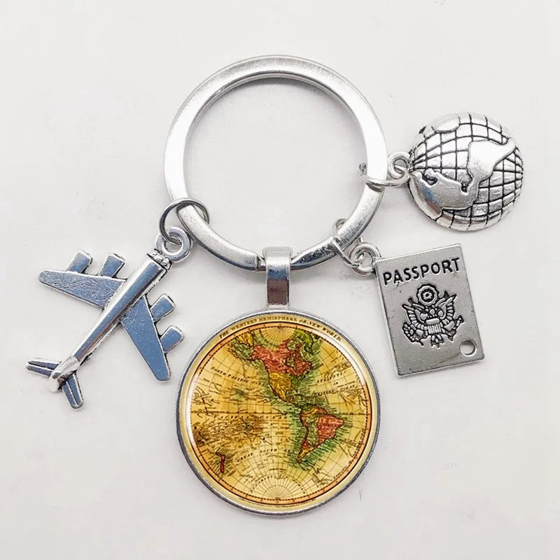 World Map Keychain Travel Exploring Glass Dome Cabachon Aircraft Charm Pendant Keychain Men's and Women's Gift Jewelry Keychain.