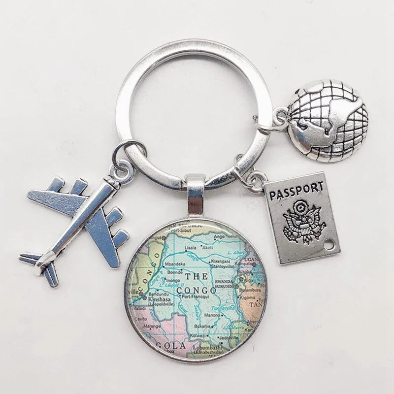 World Map Keychain Travel Exploring Glass Dome Cabachon Aircraft Charm Pendant Keychain Men's and Women's Gift Jewelry Keychain.