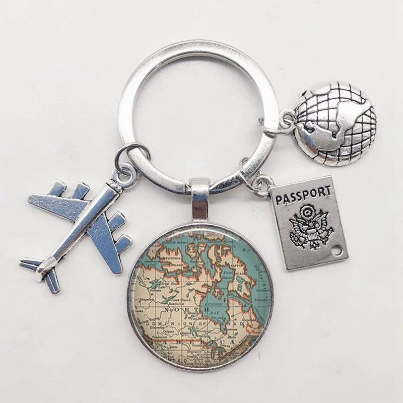 World Map Keychain Travel Exploring Glass Dome Cabachon Aircraft Charm Pendant Keychain Men's and Women's Gift Jewelry Keychain.