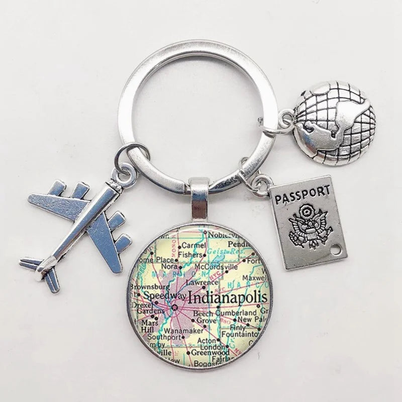 World Map Keychain Travel Exploring Glass Dome Cabachon Aircraft Charm Pendant Keychain Men's and Women's Gift Jewelry Keychain.