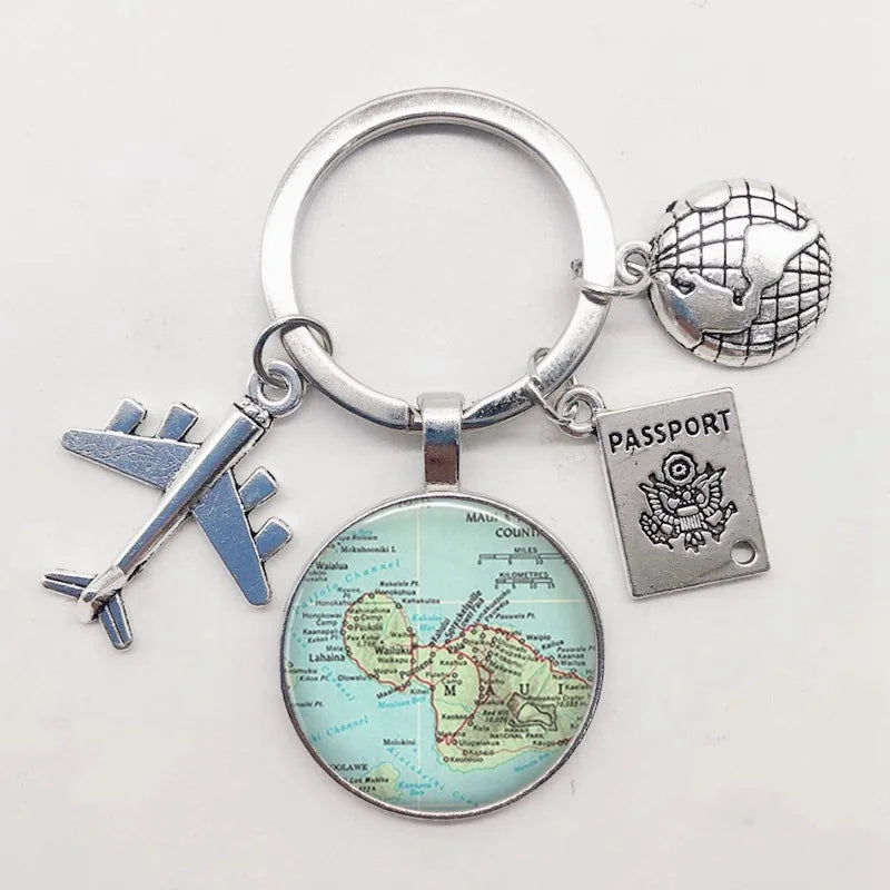 World Map Keychain Travel Exploring Glass Dome Cabachon Aircraft Charm Pendant Keychain Men's and Women's Gift Jewelry Keychain.