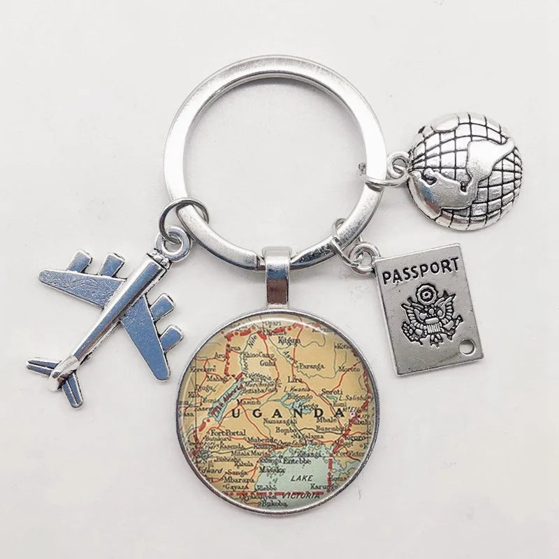 World Map Keychain Travel Exploring Glass Dome Cabachon Aircraft Charm Pendant Keychain Men's and Women's Gift Jewelry Keychain.