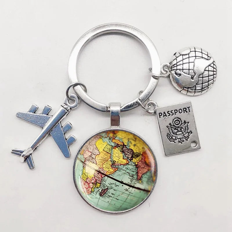 World Map Keychain Travel Exploring Glass Dome Cabachon Aircraft Charm Pendant Keychain Men's and Women's Gift Jewelry Keychain.