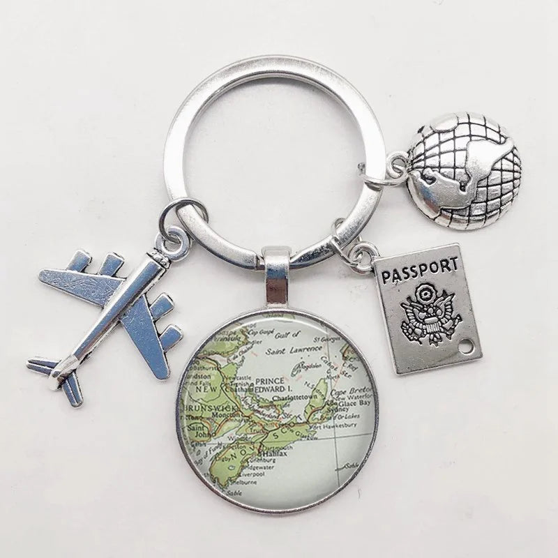 World Map Keychain Travel Exploring Glass Dome Cabachon Aircraft Charm Pendant Keychain Men's and Women's Gift Jewelry Keychain.