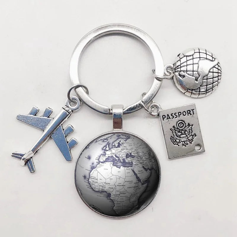 World Map Keychain Travel Exploring Glass Dome Cabachon Aircraft Charm Pendant Keychain Men's and Women's Gift Jewelry Keychain.