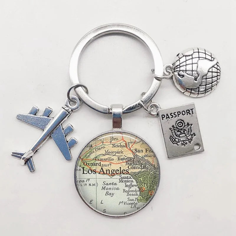 World Map Keychain Travel Exploring Glass Dome Cabachon Aircraft Charm Pendant Keychain Men's and Women's Gift Jewelry Keychain.