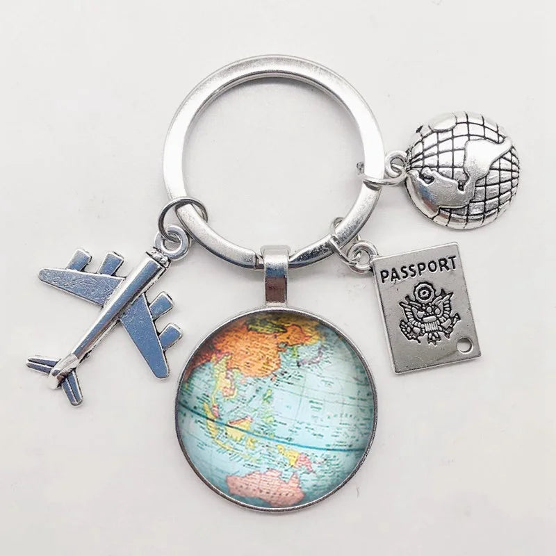 World Map Keychain Travel Exploring Glass Dome Cabachon Aircraft Charm Pendant Keychain Men's and Women's Gift Jewelry Keychain.