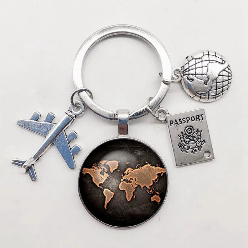 World Map Keychain Travel Exploring Glass Dome Cabachon Aircraft Charm Pendant Keychain Men's and Women's Gift Jewelry Keychain.