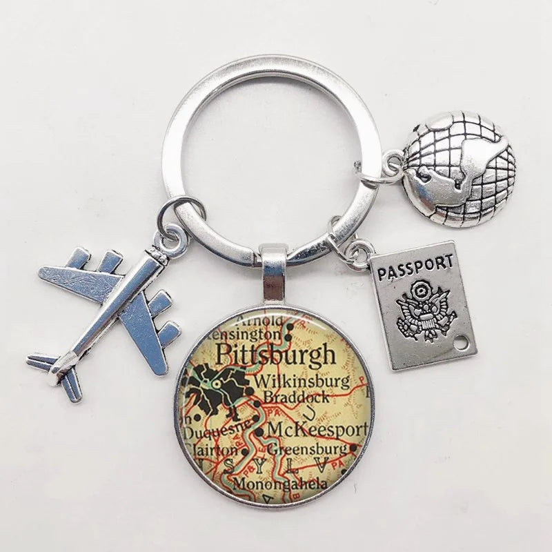 World Map Keychain Travel Exploring Glass Dome Cabachon Aircraft Charm Pendant Keychain Men's and Women's Gift Jewelry Keychain.