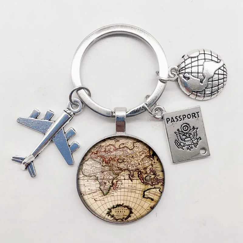 World Map Keychain Travel Exploring Glass Dome Cabachon Aircraft Charm Pendant Keychain Men's and Women's Gift Jewelry Keychain.