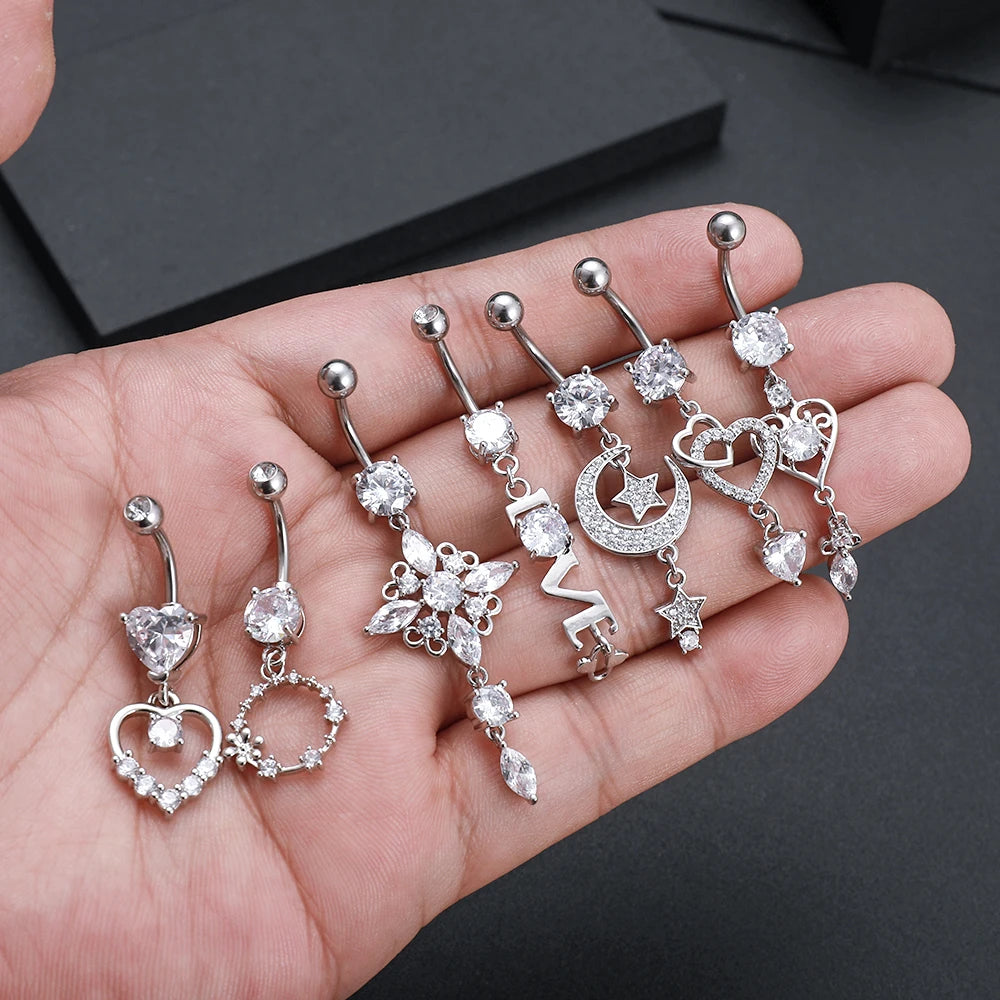 Mixed-Style Heart Grid Dangling Navel Belly Button Ring for Women Girls 14G Butterfly Crystal Belly Piercing Beach Belly Ring