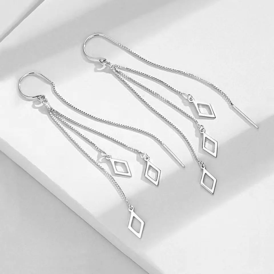 Silver Color Geometric Rhombus Earrings for Women Temperament Tassel Long Ear Line Earring 2021 Fashion Jewelry Gift