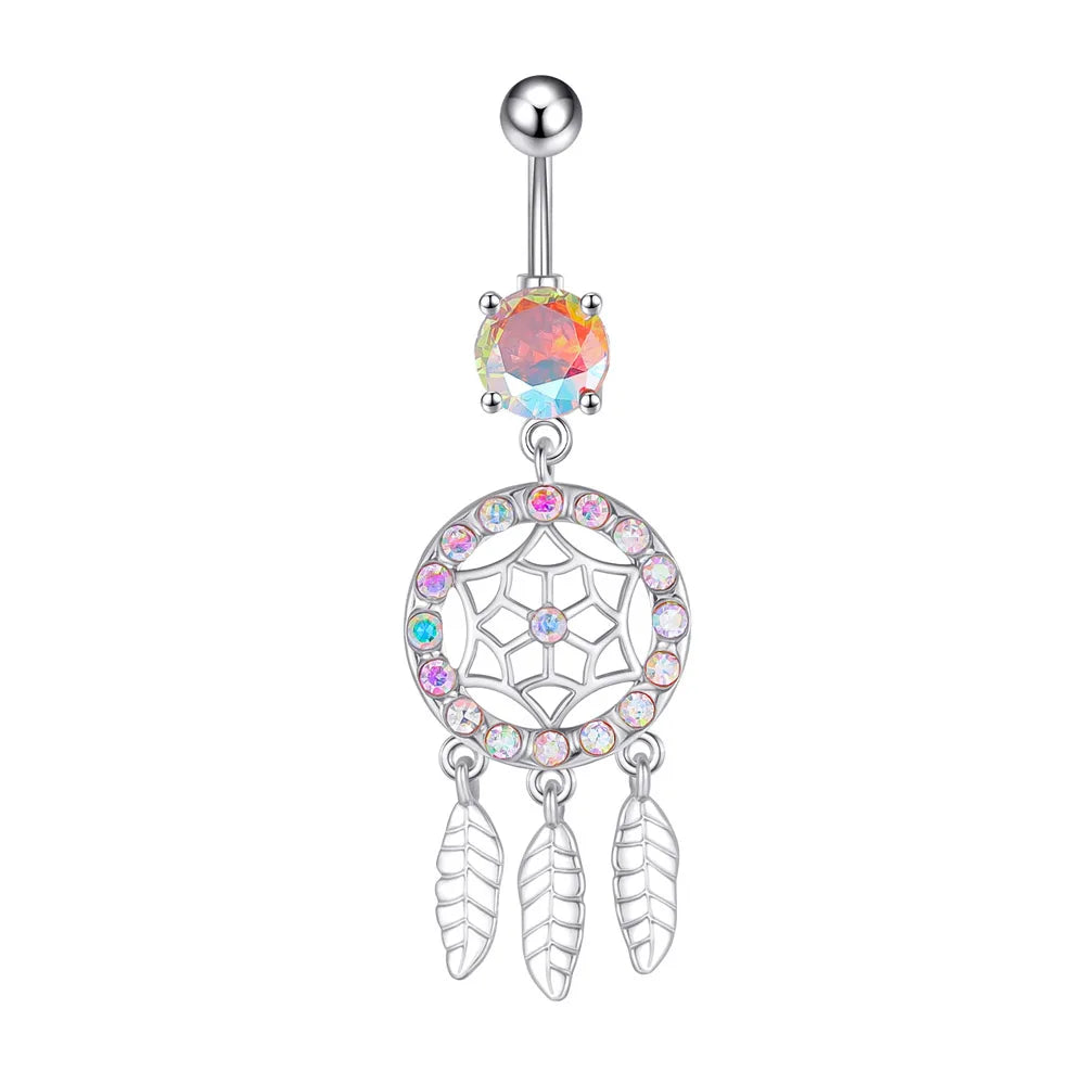 Mixed-Style Heart Grid Dangling Navel Belly Button Ring for Women Girls 14G Butterfly Crystal Belly Piercing Beach Belly Ring