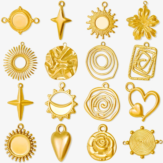 Trendy 6pcs/lot Stainless Steel Pendants Real Gold Plated Sun Love Flower Star Shaped Irregular Line Charms DIY Jewelry Making