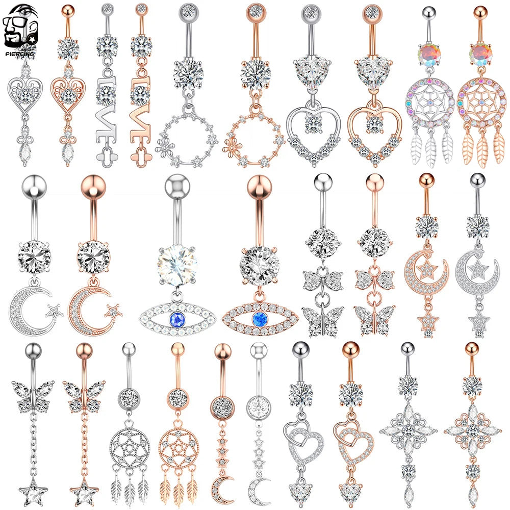 Mixed-Style Heart Grid Dangling Navel Belly Button Ring for Women Girls 14G Butterfly Crystal Belly Piercing Beach Belly Ring