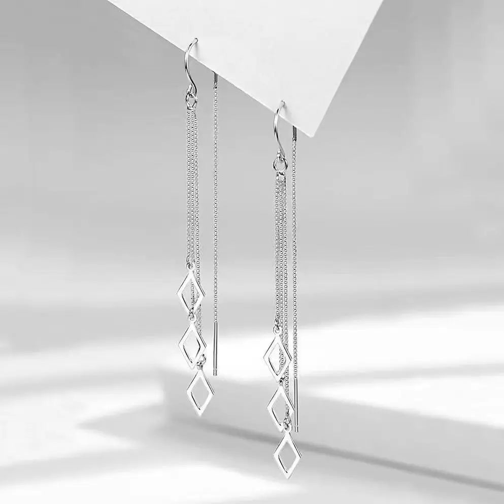 Silver Color Geometric Rhombus Earrings for Women Temperament Tassel Long Ear Line Earring 2021 Fashion Jewelry Gift